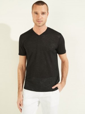 Guess Gauze V-Neck Tee Erkek Tişört Siyah | 37492DWBV