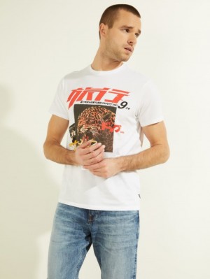 Guess Tiger Baskılı Tee Erkek Tişört Beyaz | 41857PLSA