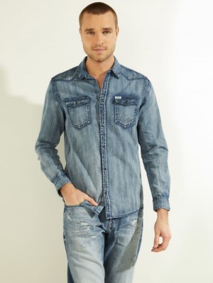 Guess Truckee Denim Erkek Gömlek Mavi | 81257HMDR