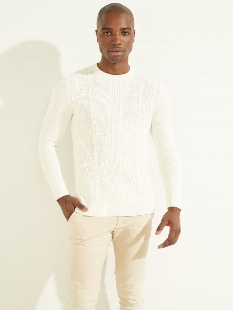Guess Cable-Knit Crewneck Erkek Kazak Beyaz | 54836JNPA