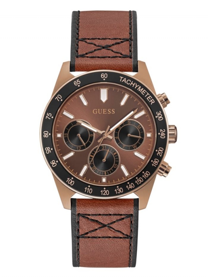 Guess Coffee-Tone and Brown Deri Çok Işlevli Erkek Saat Kahverengi | 20897HNZP