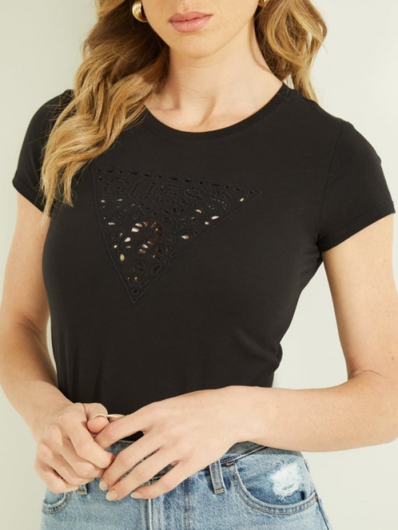 Guess Eco Eyelet Logo Tee Kadın Üstler Siyah | 58692CEGT