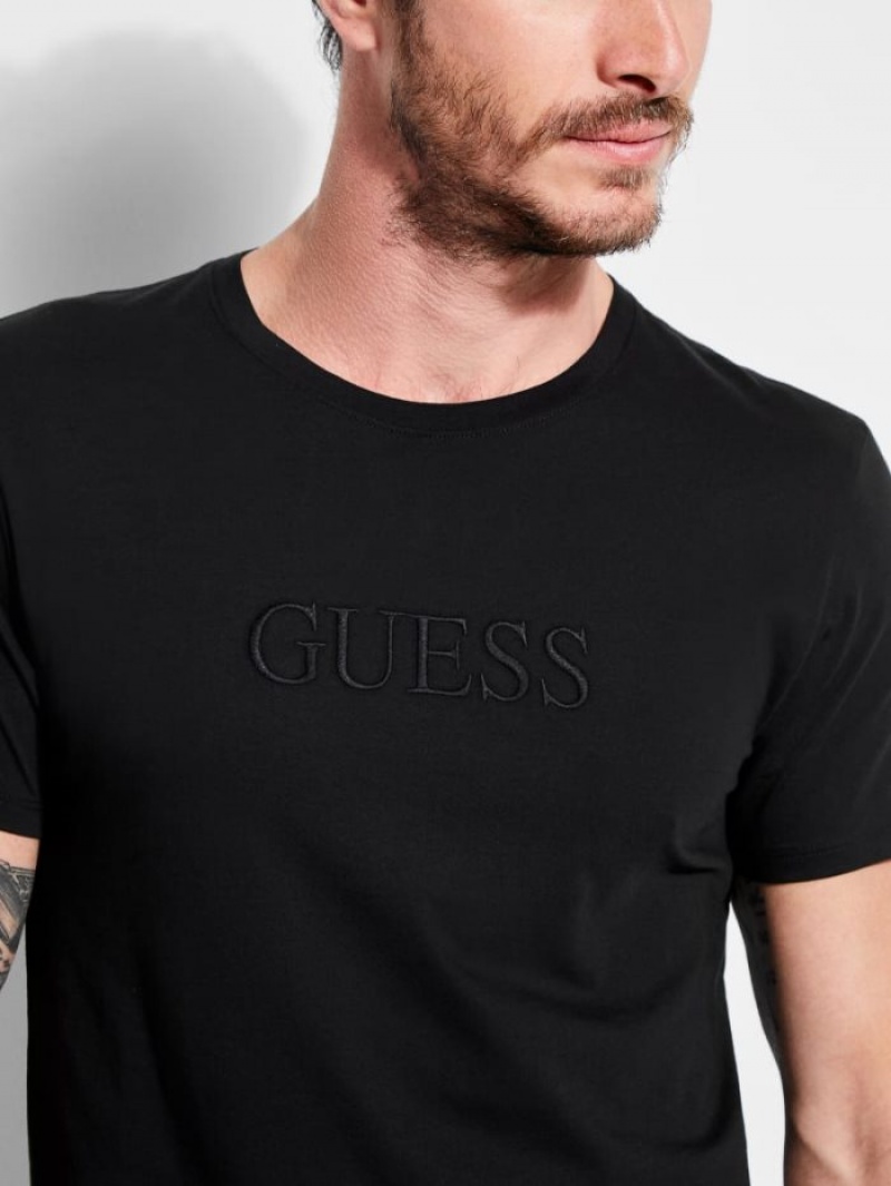 Guess Embroidered Logo Tee Erkek Tişört Siyah | 19605CFAV