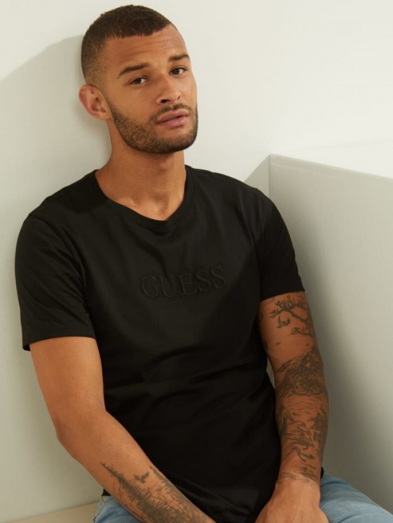 Guess Embroidered Logo Tee Erkek Tişört Siyah | 19605CFAV