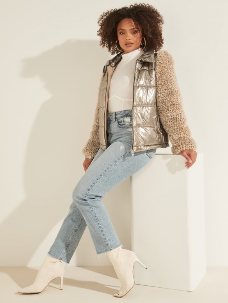 Guess Fabrizia Contrast Puffer Kadın Ceket Gümüş | 47016ISOA