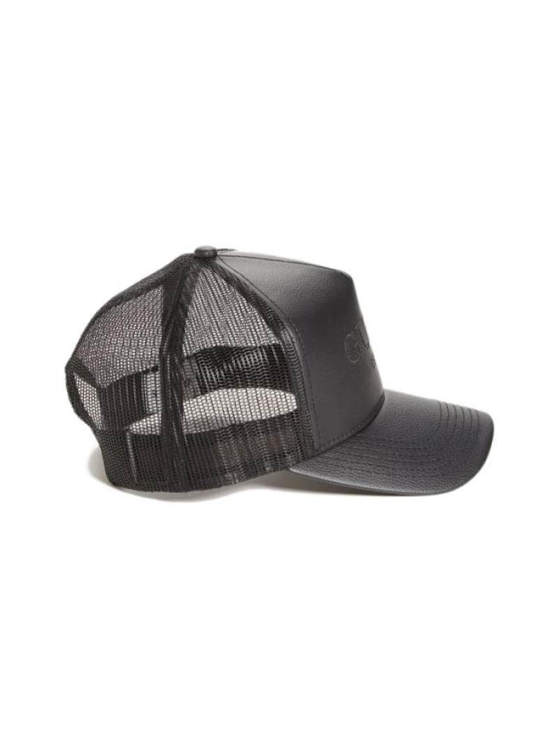 Guess Faux-Deri Trucker Erkek Şapkalar Siyah | 86129ZEDB