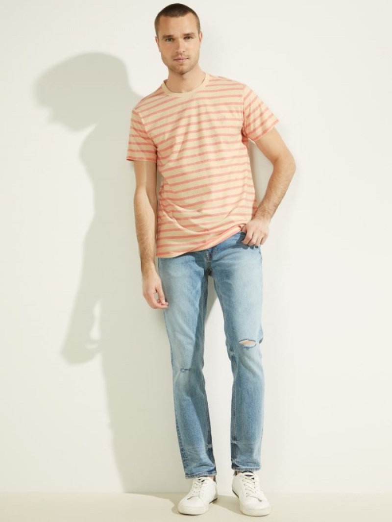 Guess Finn Pique Çizgili Tee Erkek Tişört Pembe | 20573AMXB