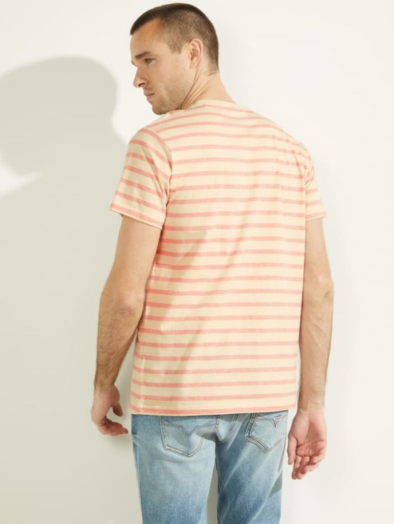 Guess Finn Pique Çizgili Tee Erkek Tişört Pembe | 20573AMXB