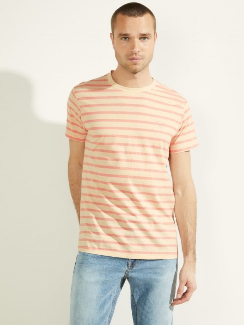 Guess Finn Pique Çizgili Tee Erkek Tişört Pembe | 20573AMXB