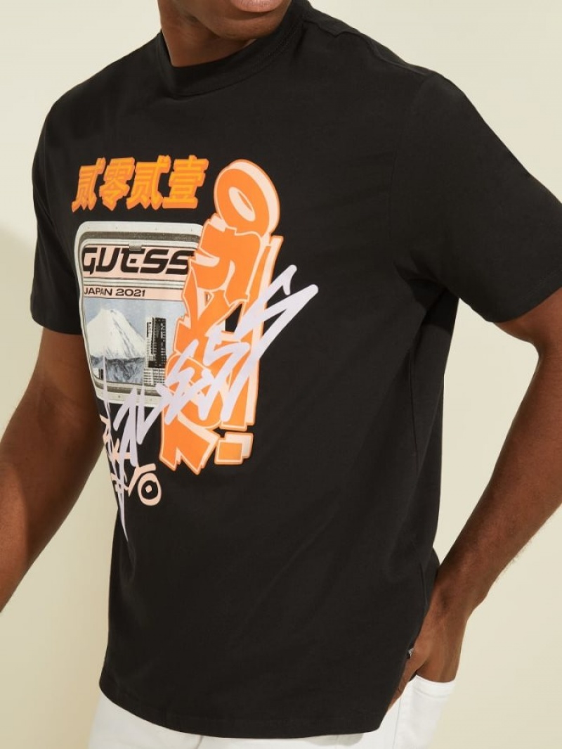 Guess Japan Subway Baskılı Tee Erkek Tişört Siyah | 17305ZJIW
