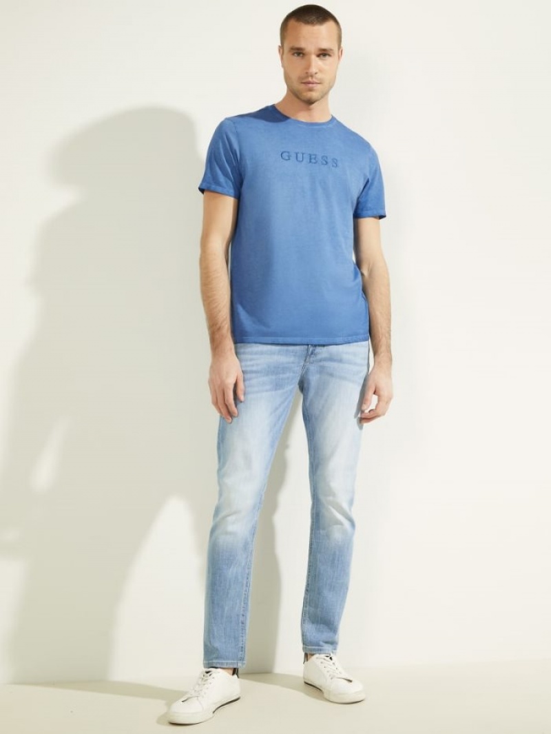 Guess Klasik Pima Washed Logo Tee Erkek Tişört Mavi | 36847CNUE