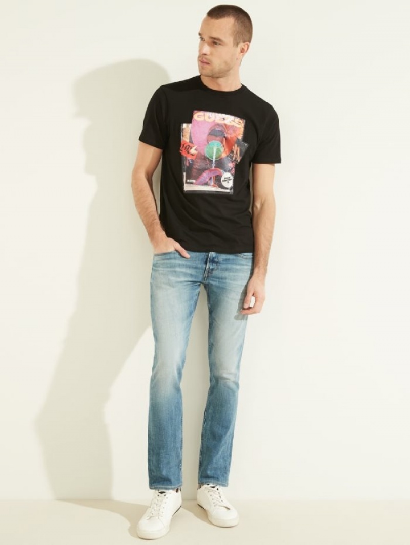 Guess Magazine Tee Erkek Tişört Siyah | 05634WNLU