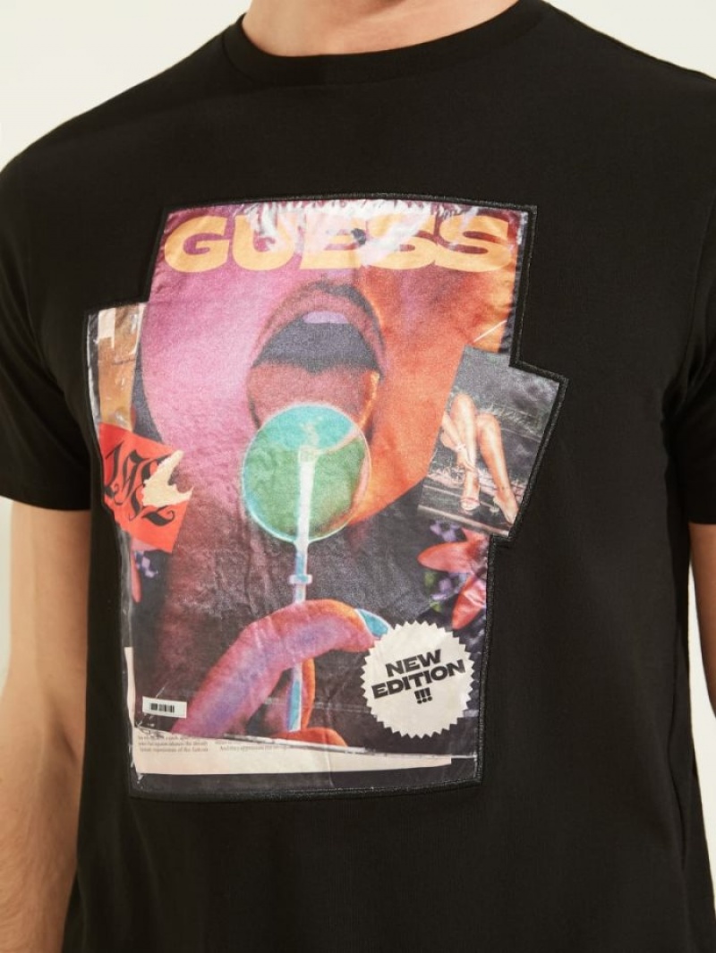 Guess Magazine Tee Erkek Tişört Siyah | 05634WNLU