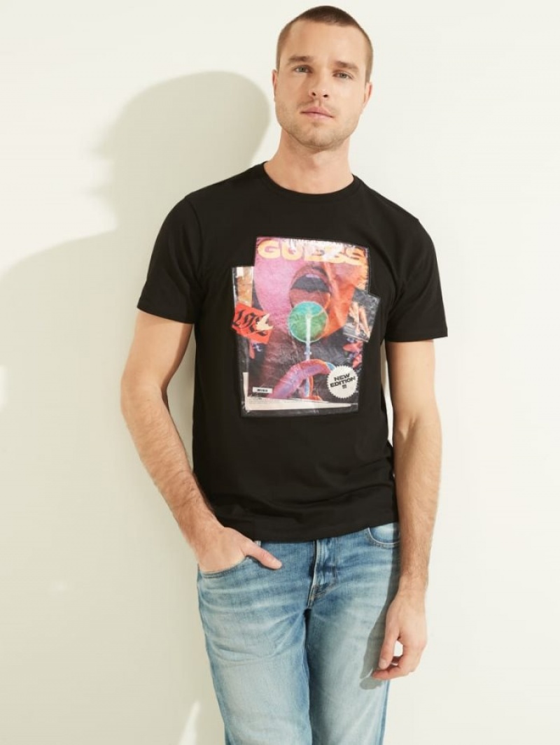 Guess Magazine Tee Erkek Tişört Siyah | 05634WNLU