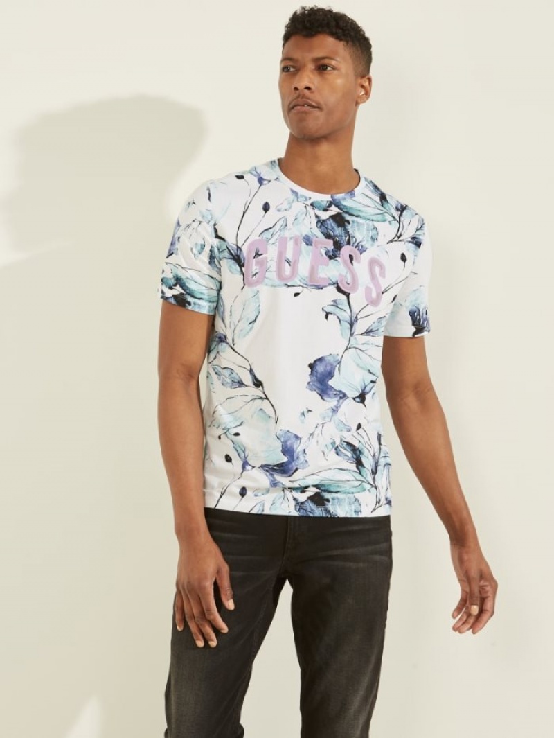 Guess Natt Floral Tee Erkek Tişört Mavi | 96354MZCQ