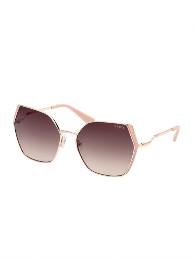 Guess Oversized Metal Geometric Kadın Güneş Gözlüğü Pembe Altın | 02164DORU