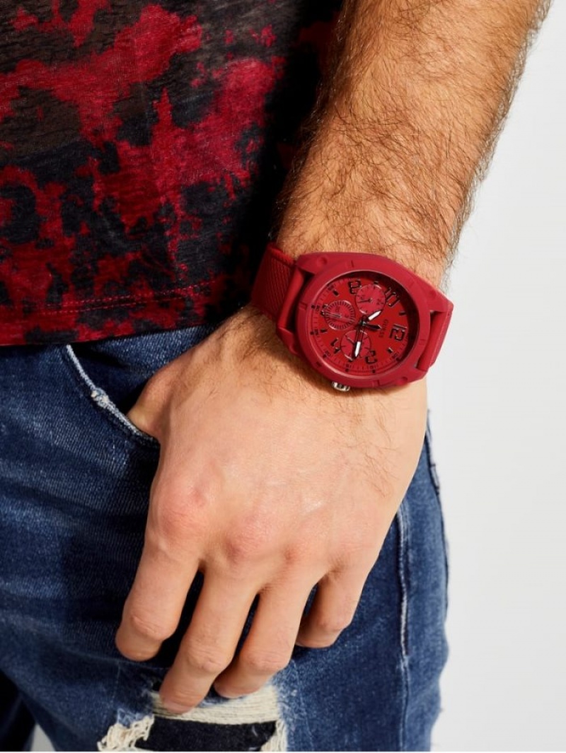 Guess Red and Silver-Tone Çok Işlevli Erkek Saat Kırmızı | 92653PQEG