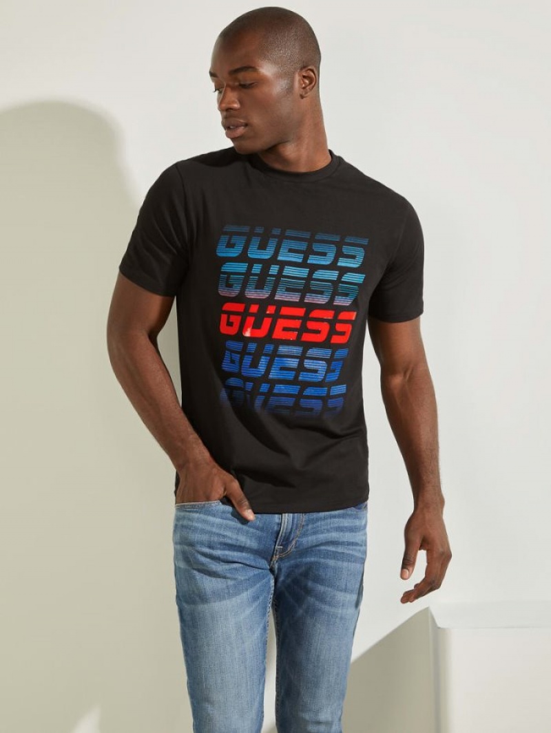 Guess Repeat Logo Tee Erkek Tişört Siyah | 53749LOSK