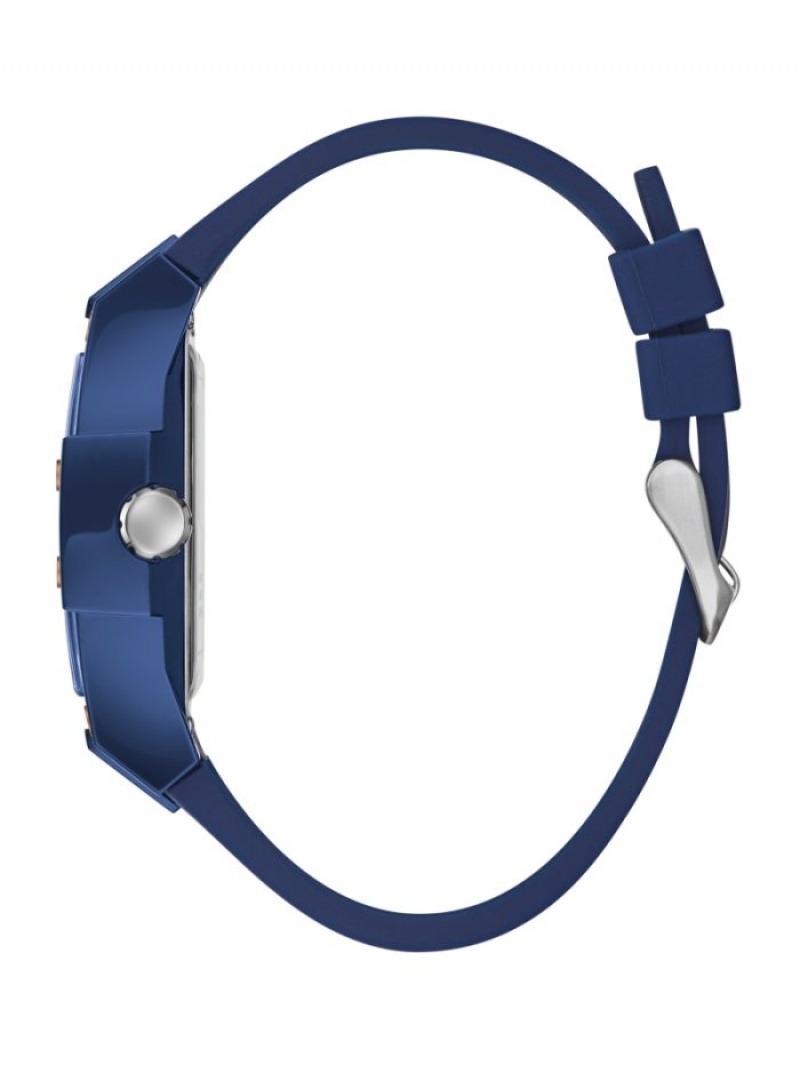 Guess Rose Gold-Tone and Blue Silikon Çok Işlevli Erkek Saat Mavi | 02954PEMF