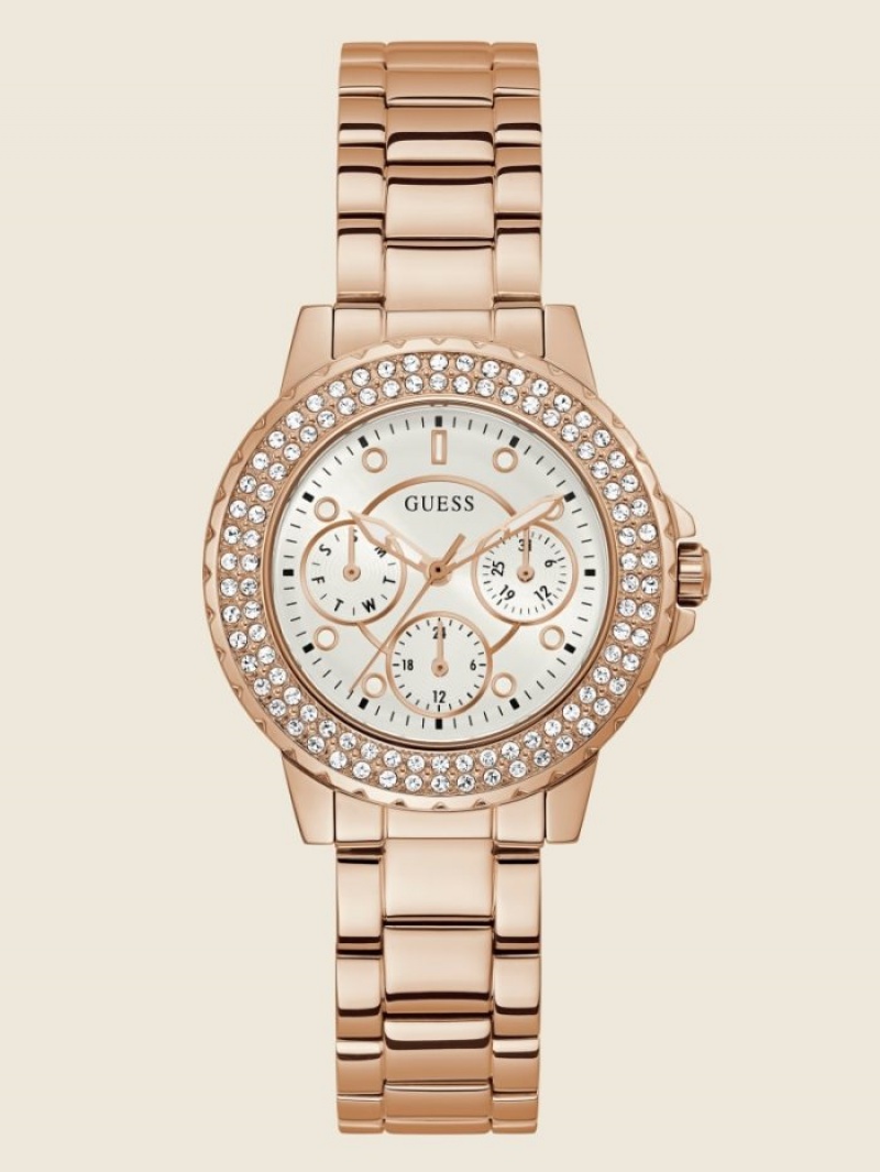 Guess Rose Gold-Tone and Rhinestone Çok Işlevli Kadın Saat Pembe Altın | 76495QMFO