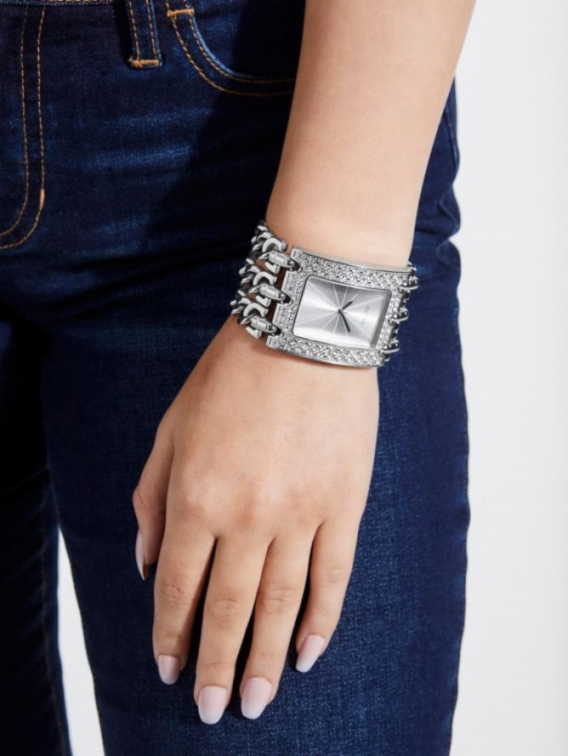 Guess Silver-Tone Chain Analog Kadın Saat Gümüş | 71283KXZO
