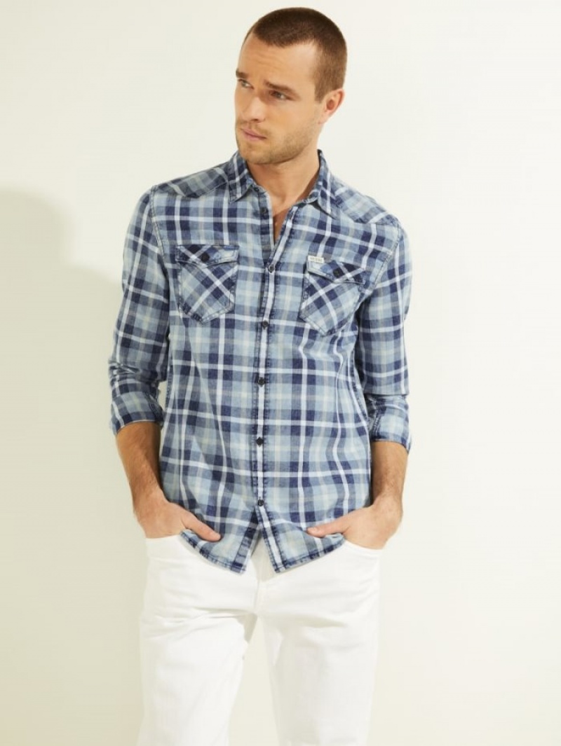 Guess Truckee Plaid Denim Erkek Gömlek Renkli | 80175RANG